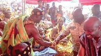 President Akufo Addo (right) exchanging pleasantries with Nana Mprah Besemuna III, the Krachiwura