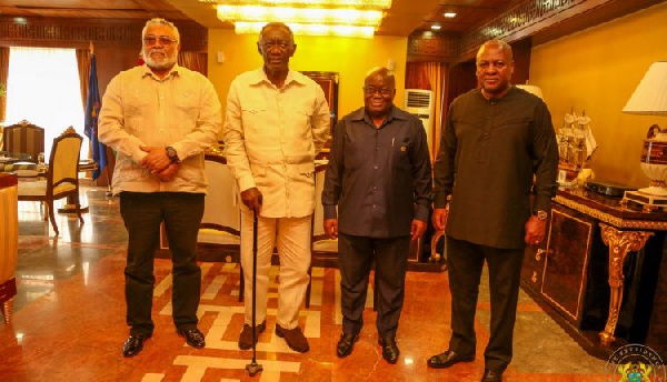 Former Presidents Mahama, John Rawlings and John Kufuor in a pose with President Nana Addo