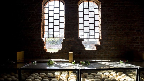 A picture taken on March 22, 2019 shows skulls of victims of the 1994 genocide against the Tutsi