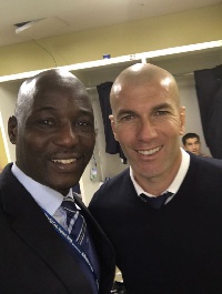 Fifa General Coordinator Anthony Baffoe in a pose with Real Madrid Coach Zidane