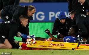 Daniel Amartey lies in agony after the Leicester defender suffered an injury against West Ham