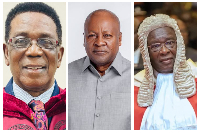 Professor Kwesi Yankah (L) John Mahama (M) and Paul Baffoe-Bonnie (R)