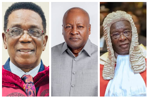 Professor Kwesi Yankah (L) John Mahama (M) and Paul Baffoe-Bonnie (R)