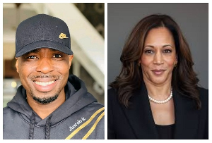 Dutch citizen, Kofi Gabs (L) and flagbearer of the Democratic Party, Kamala Harris (R)