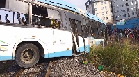 This photo taken on March 9, 2023 shows the scene of a train-bus collision in Lagos, Nigeria