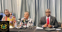 The Minister for Fisheries and Aquaculture, Emelia Arthur (Middle) speaking to the media