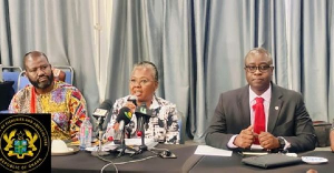 The Minister for Fisheries and Aquaculture, Emelia Arthur (Middle) speaking to the media