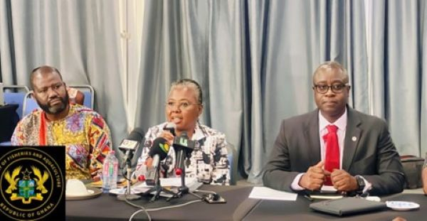 The Minister for Fisheries and Aquaculture, Emelia Arthur (Middle) speaking to the media