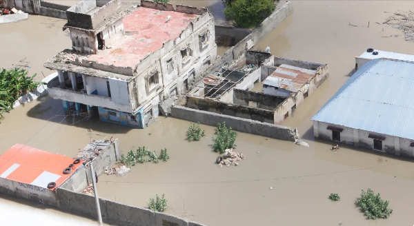 An aerial view of the floodwater after a heavy downpour in Mogadishu, Somalia