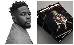 Young Ghanaian artist, Oscar Korbla Mawuli (L) and his art book titled Anansinisim