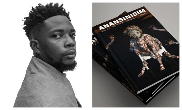 Young Ghanaian artist, Oscar Korbla Mawuli (L) and his art book titled Anansinisim