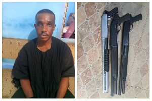 The suspect and the pump-action guns retrieved from his vehicle