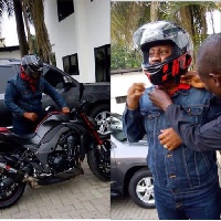 Enhanced photo of Mahama preparing for a ride around Accra after the rains on his motorbike