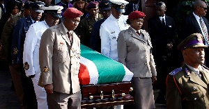Mortal remains of Winnie Mandela covered with the South African Flag
