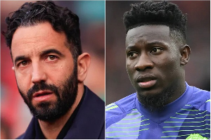 Ruben Amorim (L) and Onana (R) have been criticised by Manchester United fans