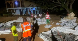 NADMO puts up temporary structures to shelter victims displaced by the Gbiniyiri conflict