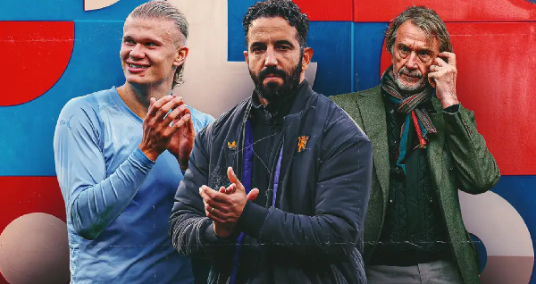 L-R: Erling Haaland, Ruben Amorim and Sir Jim Ratcliffe