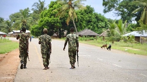 Soldiers from the Mozambican army patrol the streets in Mocimboa da Praia