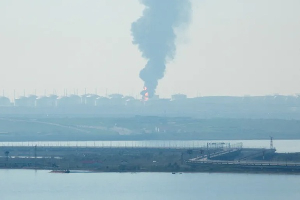 A Fuel Depot On Fire Near The Crimean Bridge In Russia's Krasnodar Region