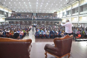 Former President Jerry John Rawlings addressing students at KNUST
