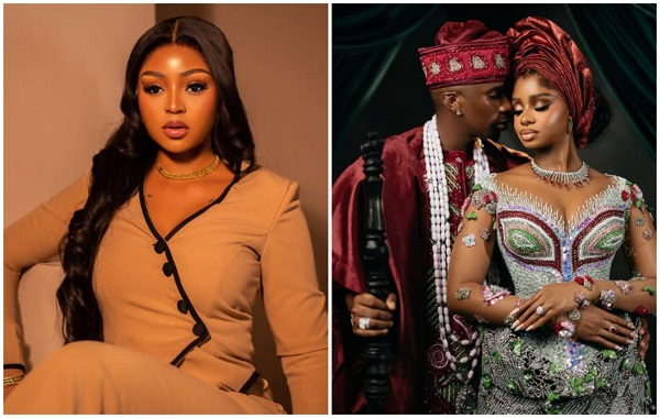 Nigerian actress Regina Daniels (L) and couple Priscilla Ojo with husband Juma Jux (R)