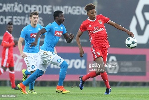 Abdallah Basit challenging Benfica player during a Uefa Youth League game