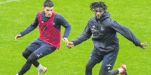 Midfielder, Gideon Jung (R) in action during a training session