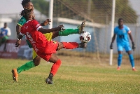 Kotoko's Steven Mukwala in action against Aduana