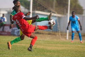 Kotoko's Steven Mukwala in action against Aduana