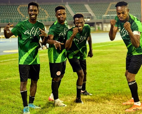 Players in the University of Ghana Corporate Football celebrating a goal