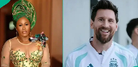 Nigerian actress Uche Jombo (L) in a photo collage with footballer Messi (R)