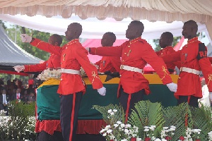 Military body bearers carrying the casket of Major Maxwell Adam Mahama