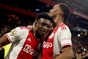 Ajax midfielder, Kudus Mohammed celebrating his goal with Timber