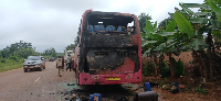 The bus that caught fire on the Accra–Sefwi Asawinso Road