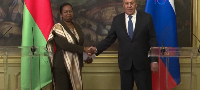 Madagascar's Foreign Minister Alice N'Diaye and Russian Foreign Minister Sergey Lavrov shake hands