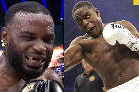 Collage of Congolese kickboxer, Ulric Bokeme with his teeth out and Ghana's Michael Boapeah