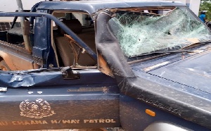 One of the vandalised police vehicles