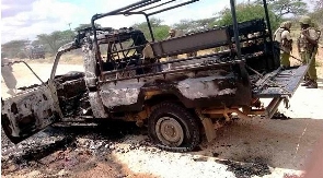 Wreckage of police car after an ambush by Al Shabaab militants along Elwak-Lafey road