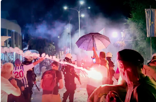 An image taken from video shows fireworks flying as clashes erupted at protests in Vrbas, Serbia