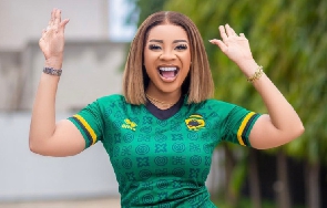 Serwaa Amihere all clad in Kotoko jersey ahead of the game