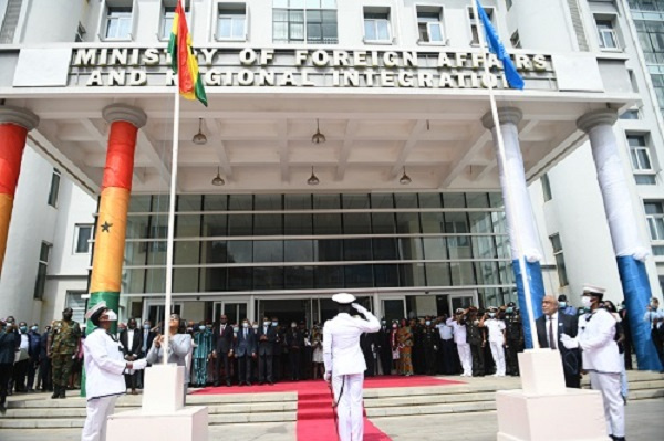 Ms. Shirley Ayorkor Botwe and Mr. Charles Abani  hoisting the Ghana and UN Flags