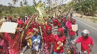 Aggrieved  Agbozume and Klikor residents clad in red to pour their displeasure