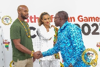 Asafa and Alyshia Powell meet 2023 Africa Games LOC Chairman, Dr. Ofosu Asare