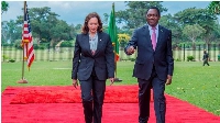 US Vice President Kamala Harris (left) and Zambian President Hakainde Hichilema