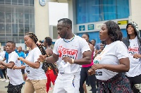 Oyeame Kwame participating in the aerobics activity organised by his foundation