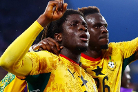 Caleb Yirenkyi (L) with Marvin Senaya (R) celebrating the goal