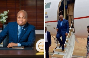 Samuel Okudzeto Ablakwa (left), Nana Addo Dankwa Akufo-Addo descending from presidential jet (right)