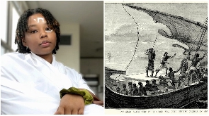 A photo collage of the author and slaves on a a ship