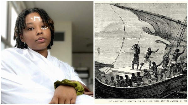 A photo collage of the author and slaves on a a ship