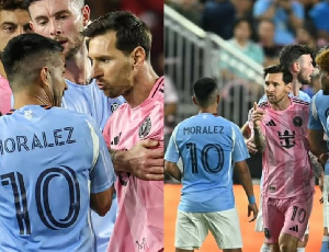 Morales (in blue jersey) engaged in a heated exchange with Messi (in pink jersey)